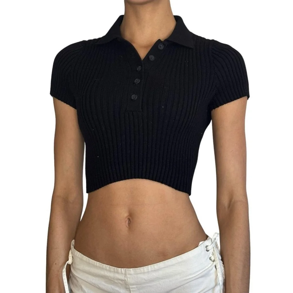 Rare Brandy Melville BLACK Bridget Crop Knit Polo collared y2K short sleeve Top - Picture 2 of 8